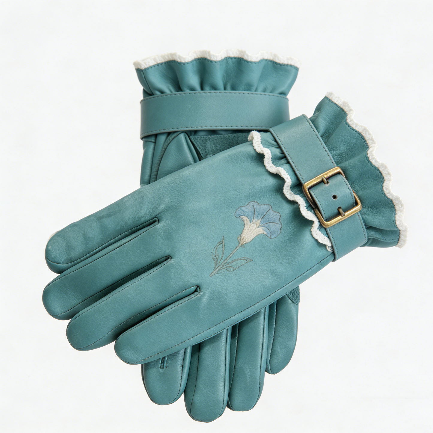 Teal Morning Glory Leather Gloves