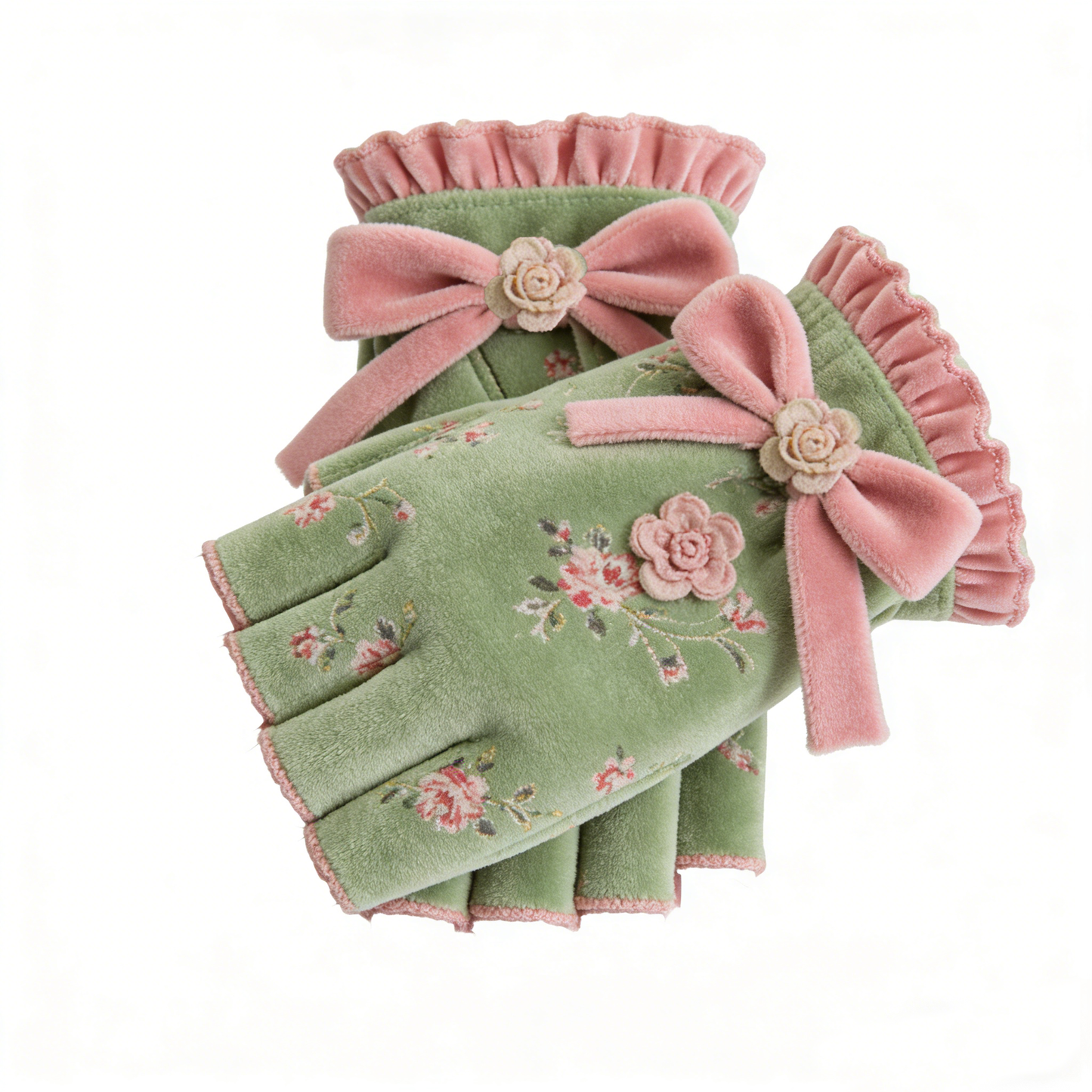 Green Floral Half Finger Gloves