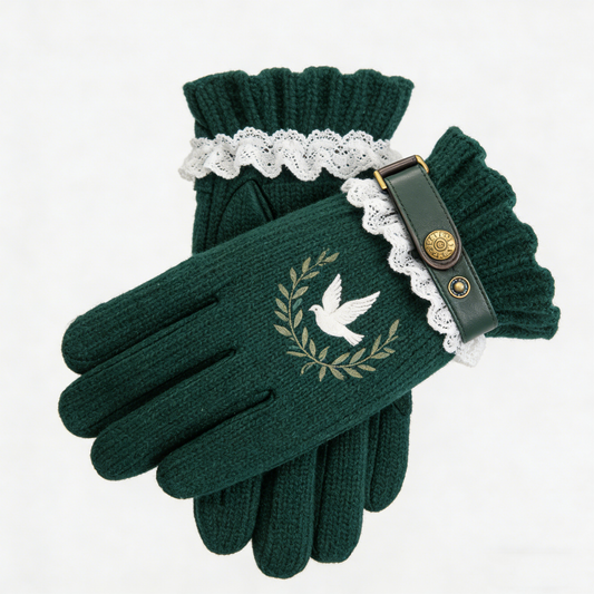 Dove Embroidered Green Knit Gloves