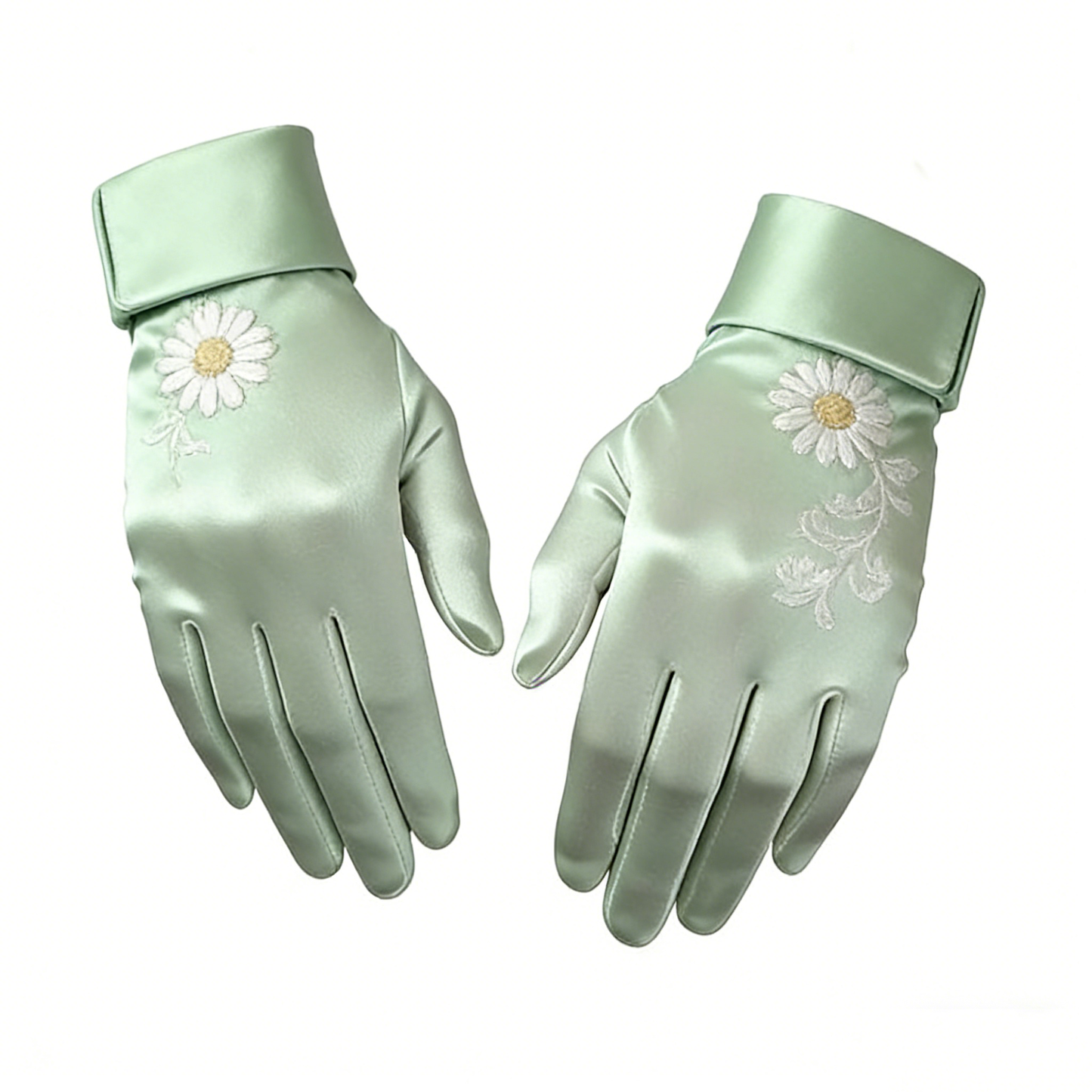 Mint Satin Gloves with Daisy Embroidery
