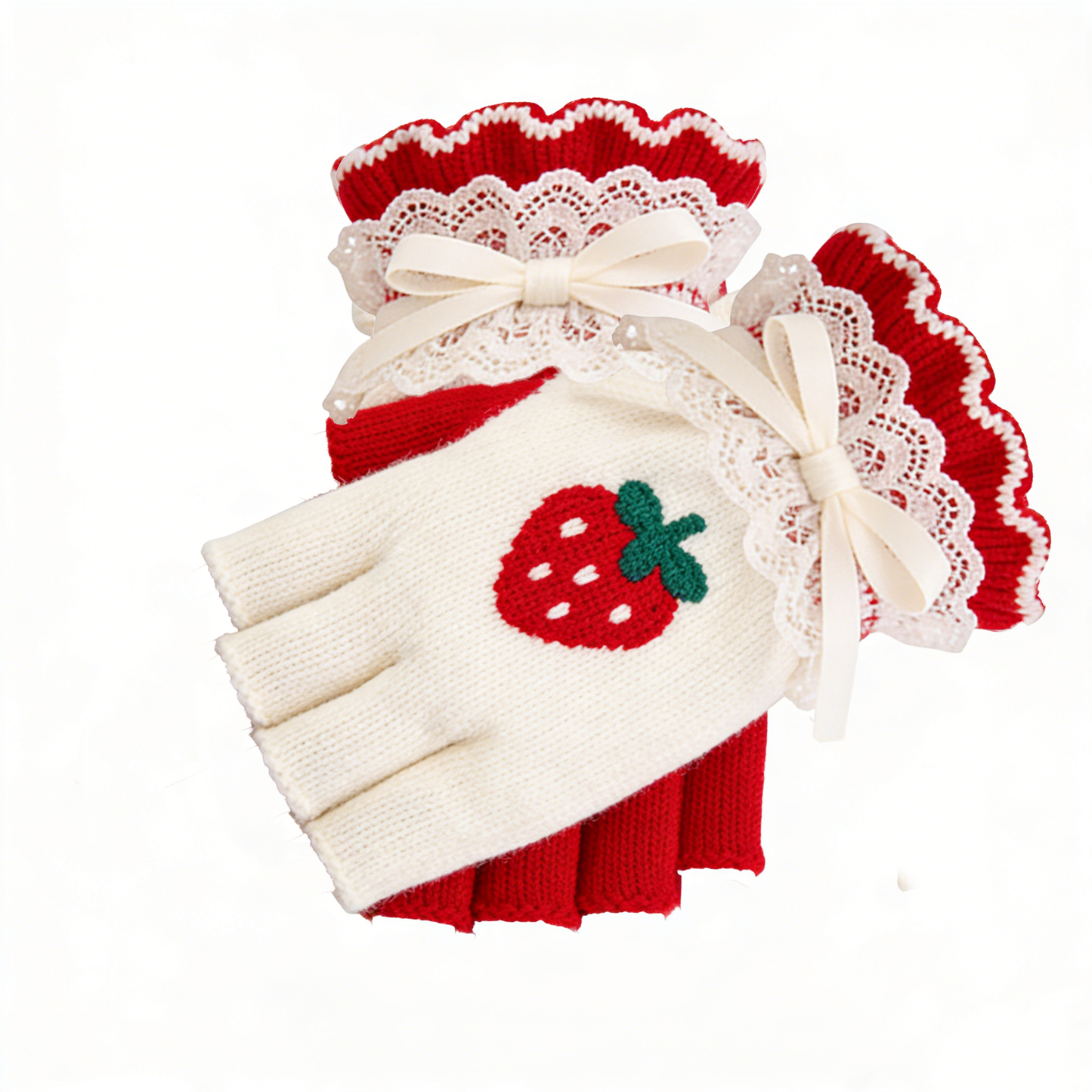 Cute Strawberry Knit Half-Finger Gloves
