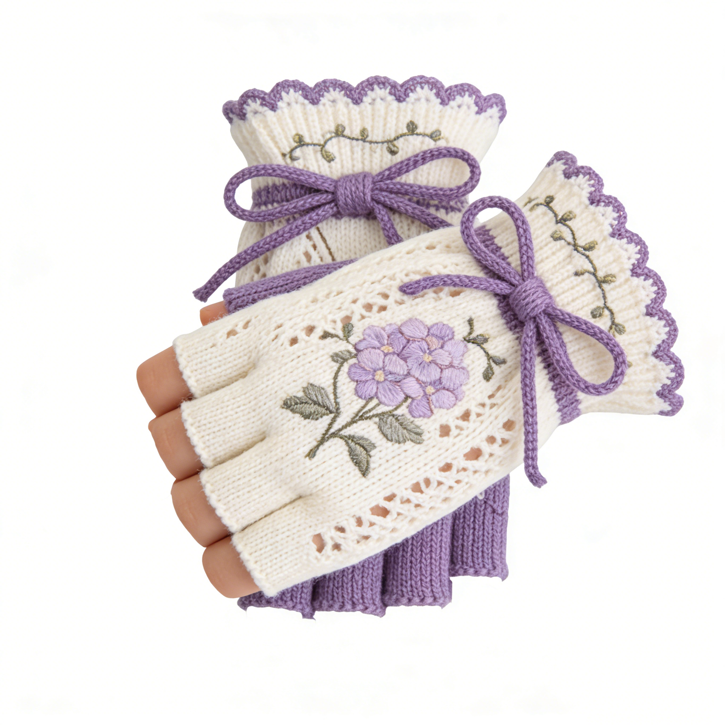 Cloud Embroidered Blue White Knit Gloves