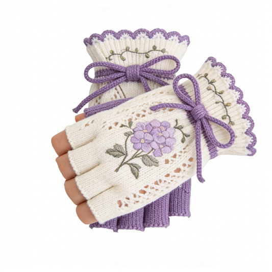 Cloud Embroidered Blue White Knit Gloves