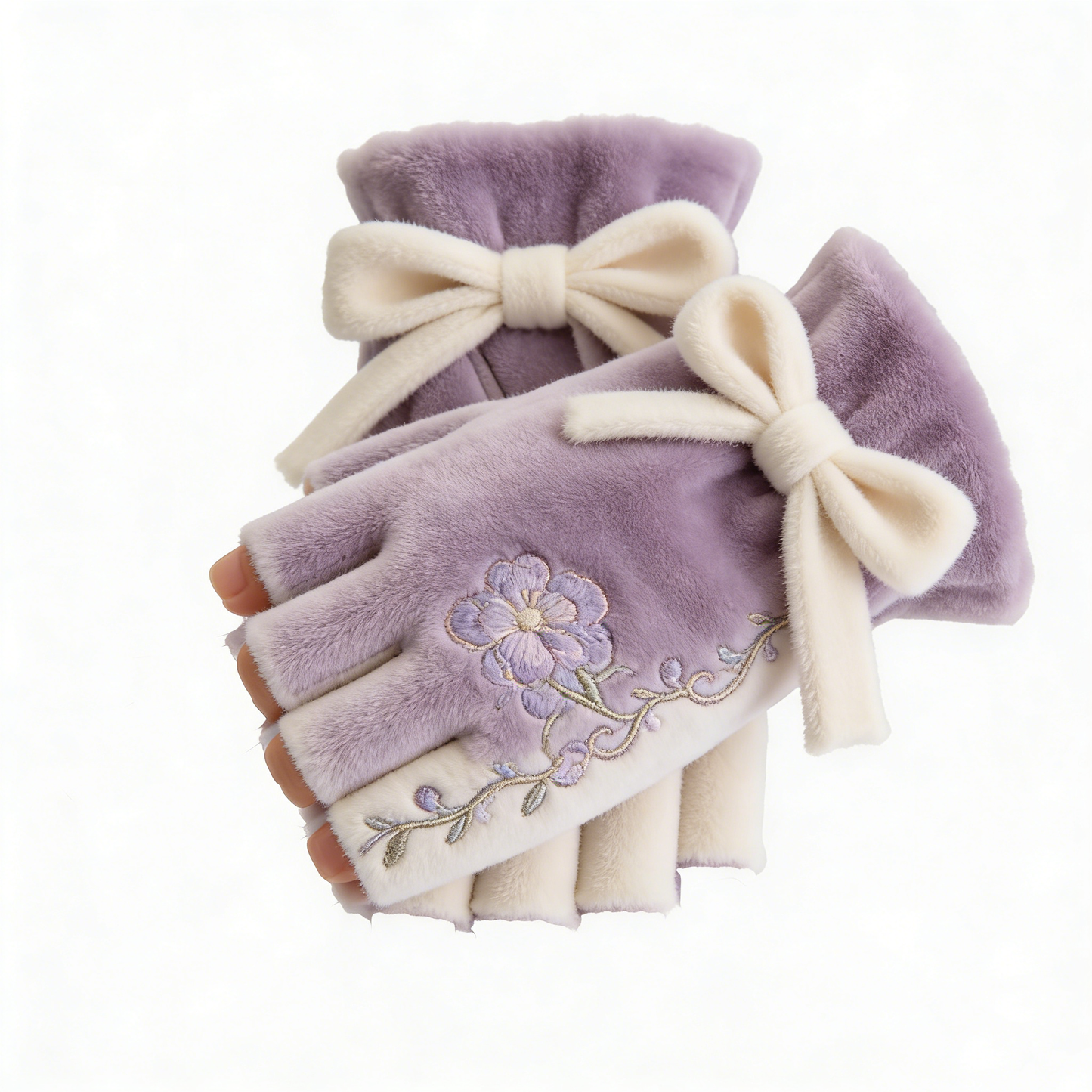 Purple Flower Velvet Half Finger Gloves