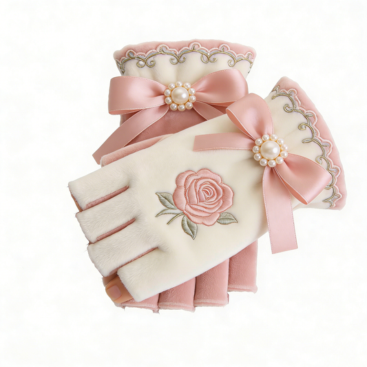 Pink Rose Pearl Half Finger Gloves
