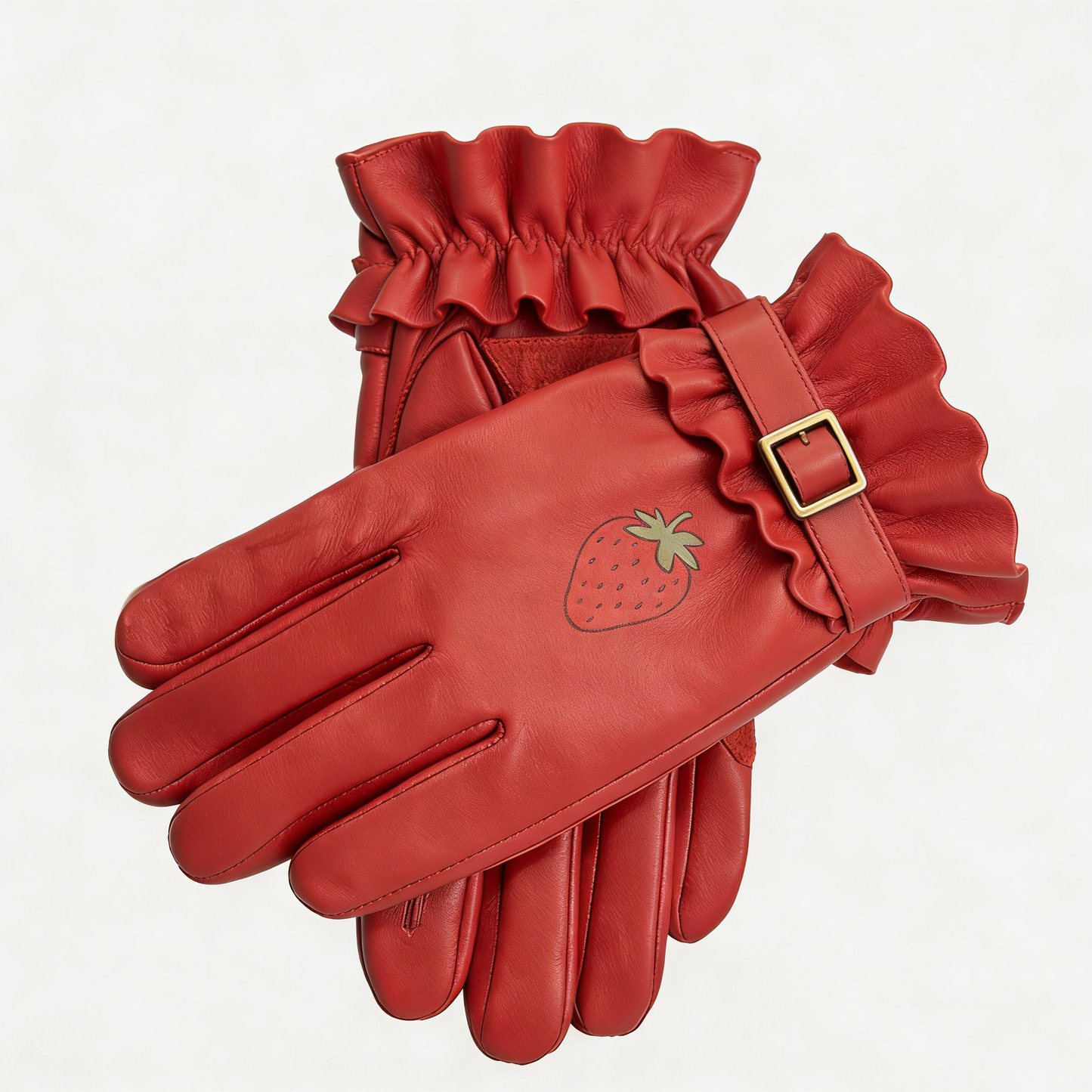Red Leather Strawberry Embroidered Gloves