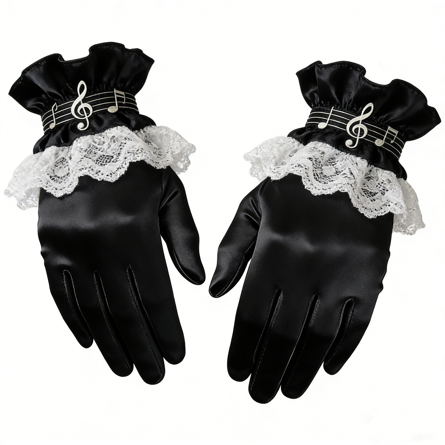 Black Satin Gloves with Musical Note & Lace Trim