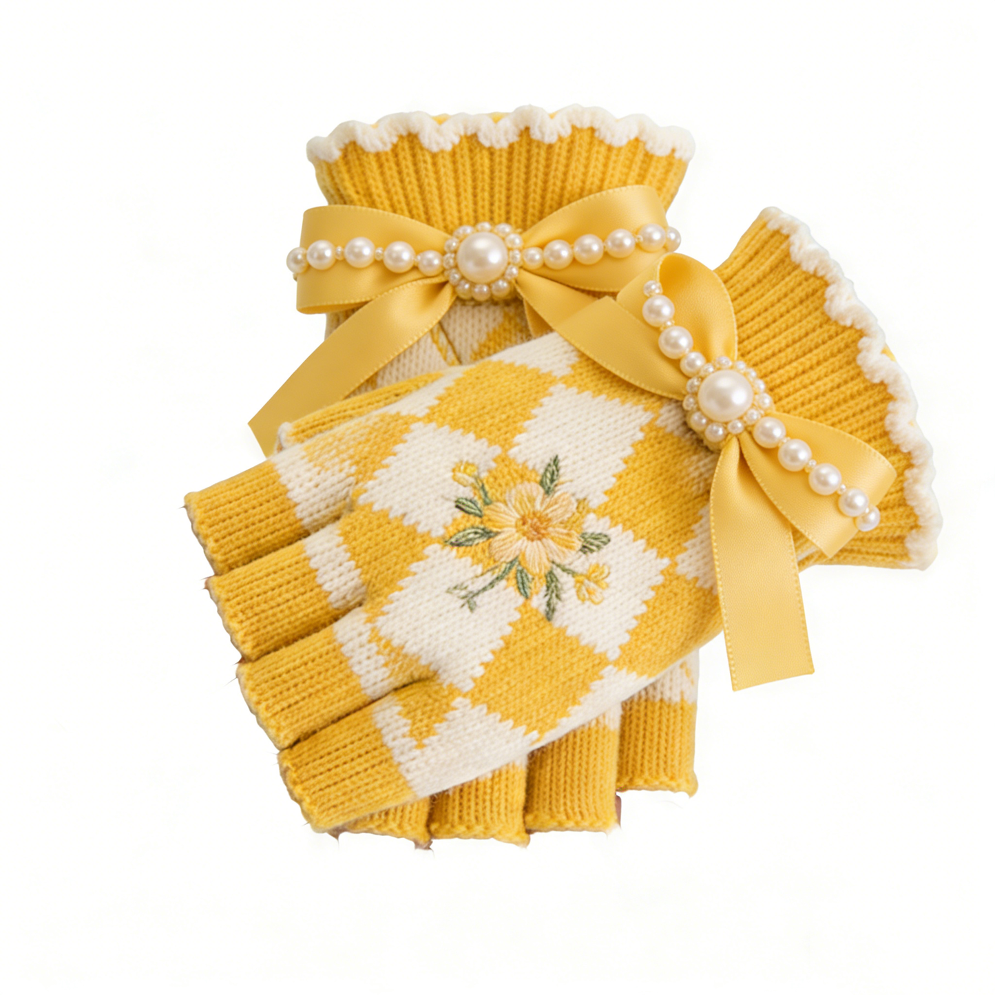 Yellow Checkered Floral Knit Gloves