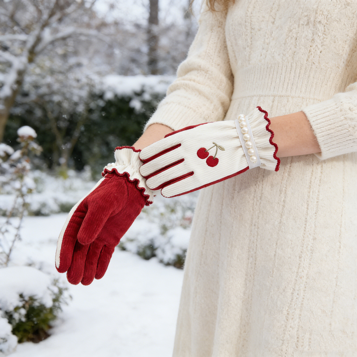 Vintage Cherry Embroidered Gloves