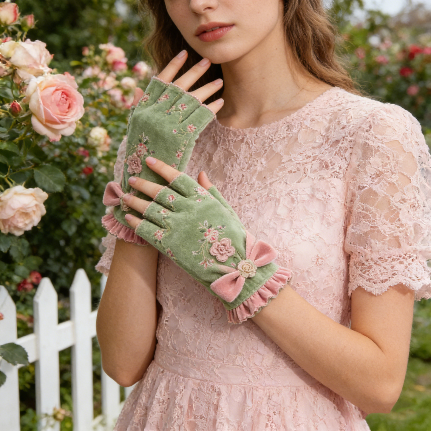 Green Floral Half Finger Gloves