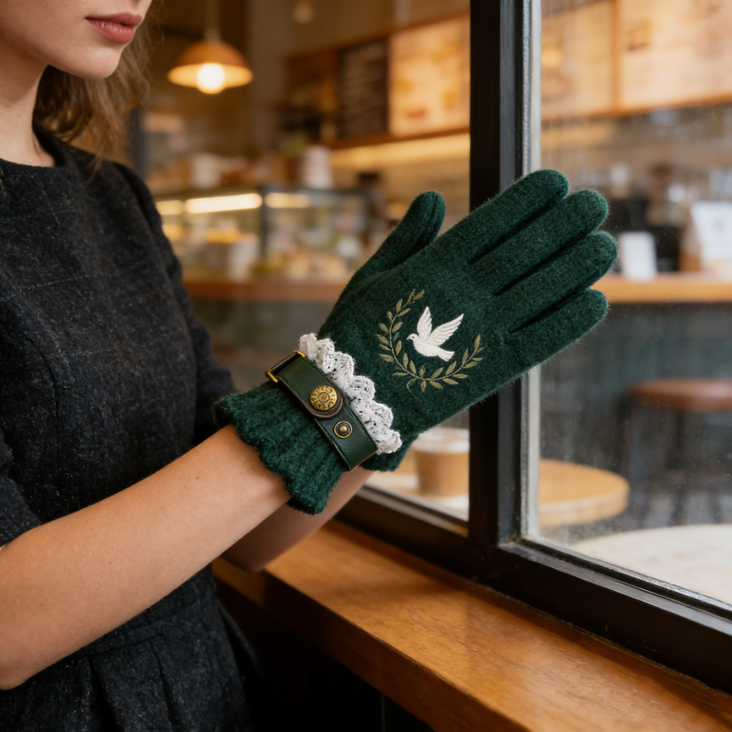 Dove Embroidered Green Knit Gloves