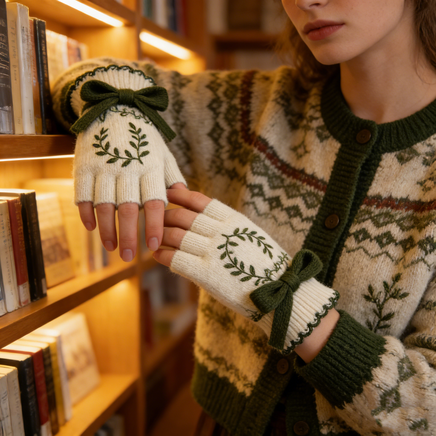 Leaf Embroidered White Half Finger Gloves