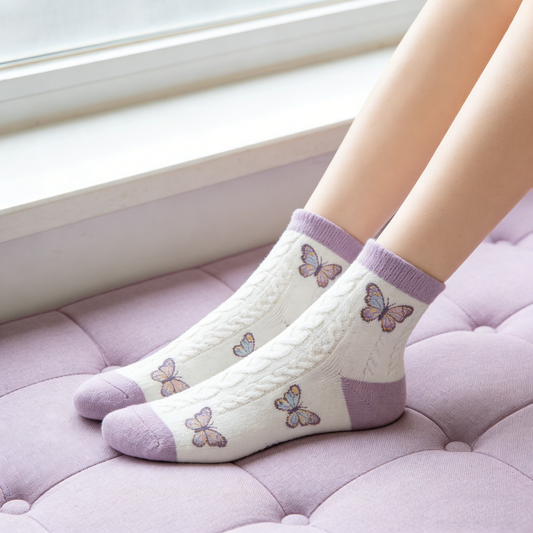 Purple Butterfly Embroidered Socks