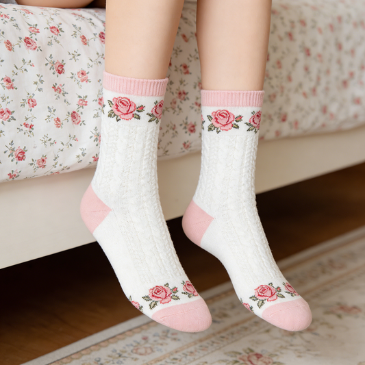 White Rose Cable Knit Socks