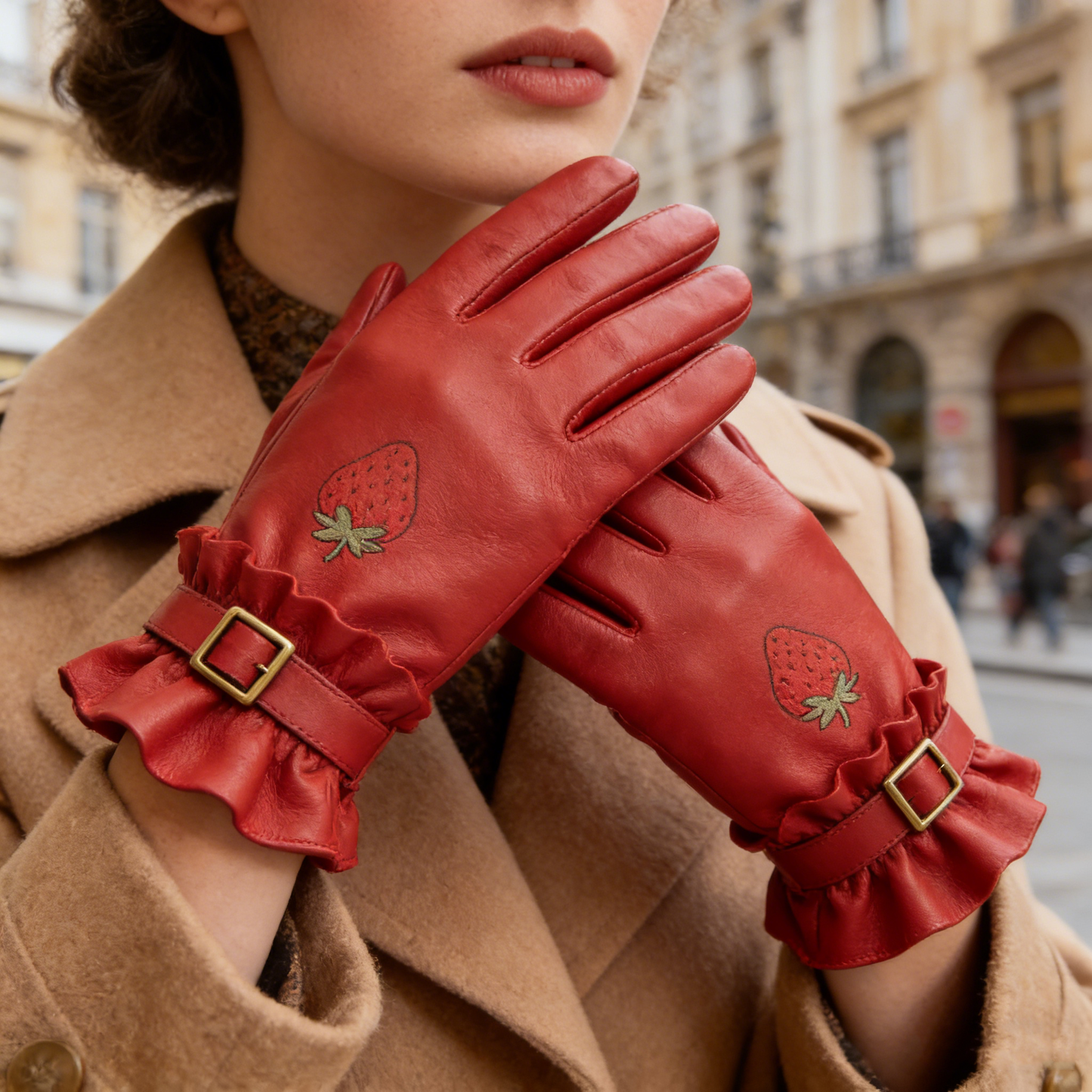 Red Leather Strawberry Embroidered Gloves