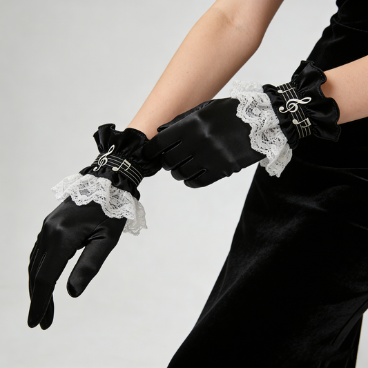 Black Satin Gloves with Musical Note & Lace Trim
