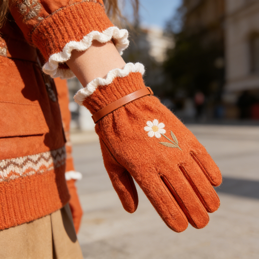 Orange Daisy Wool Blend Gloves