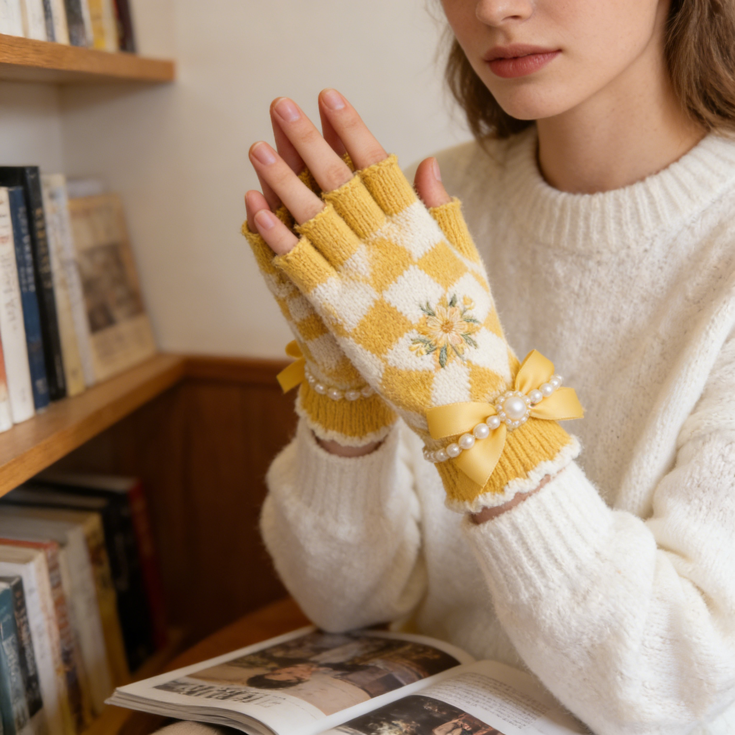 Yellow Checkered Floral Knit Gloves