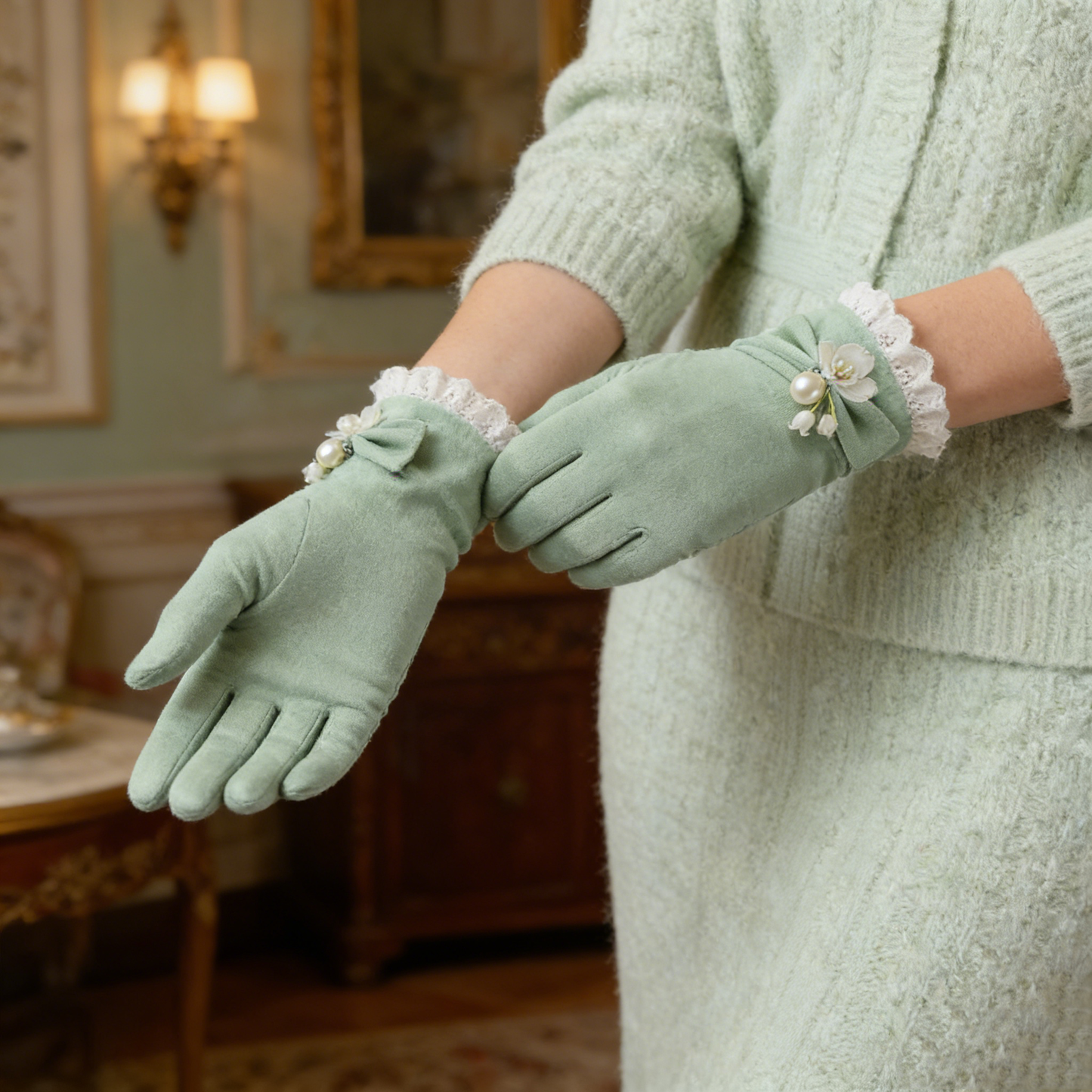 Mint Green Lily of the Valley Suede Gloves