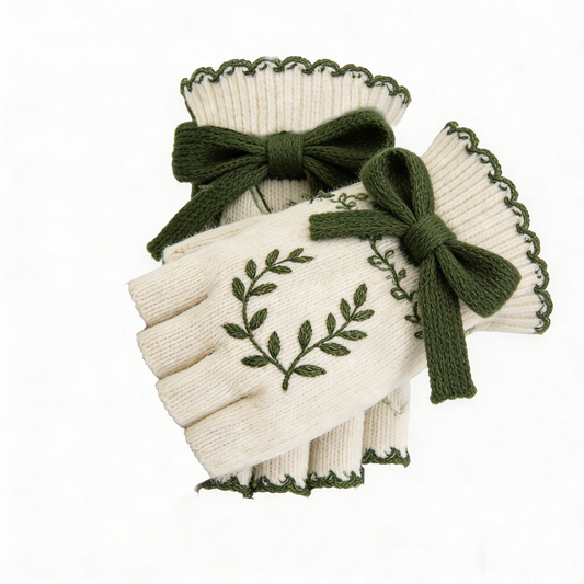 Leaf Embroidered White Half Finger Gloves