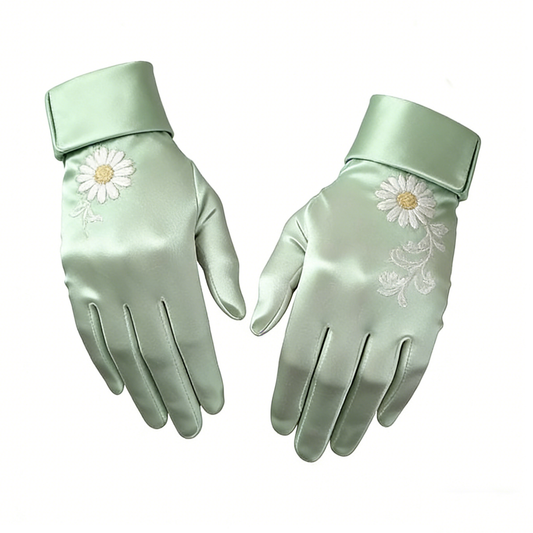 Mint Satin Gloves with Daisy Embroidery