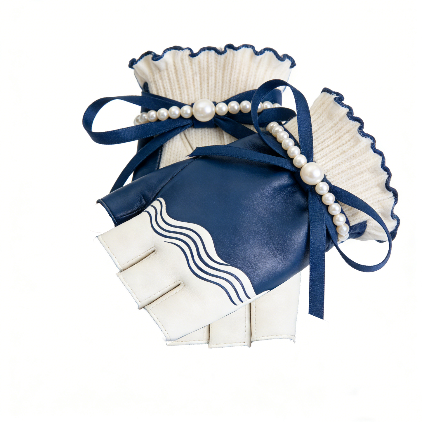 Navy Pearl Half Finger Leather Gloves