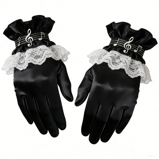 Black Satin Gloves with Musical Note & Lace Trim