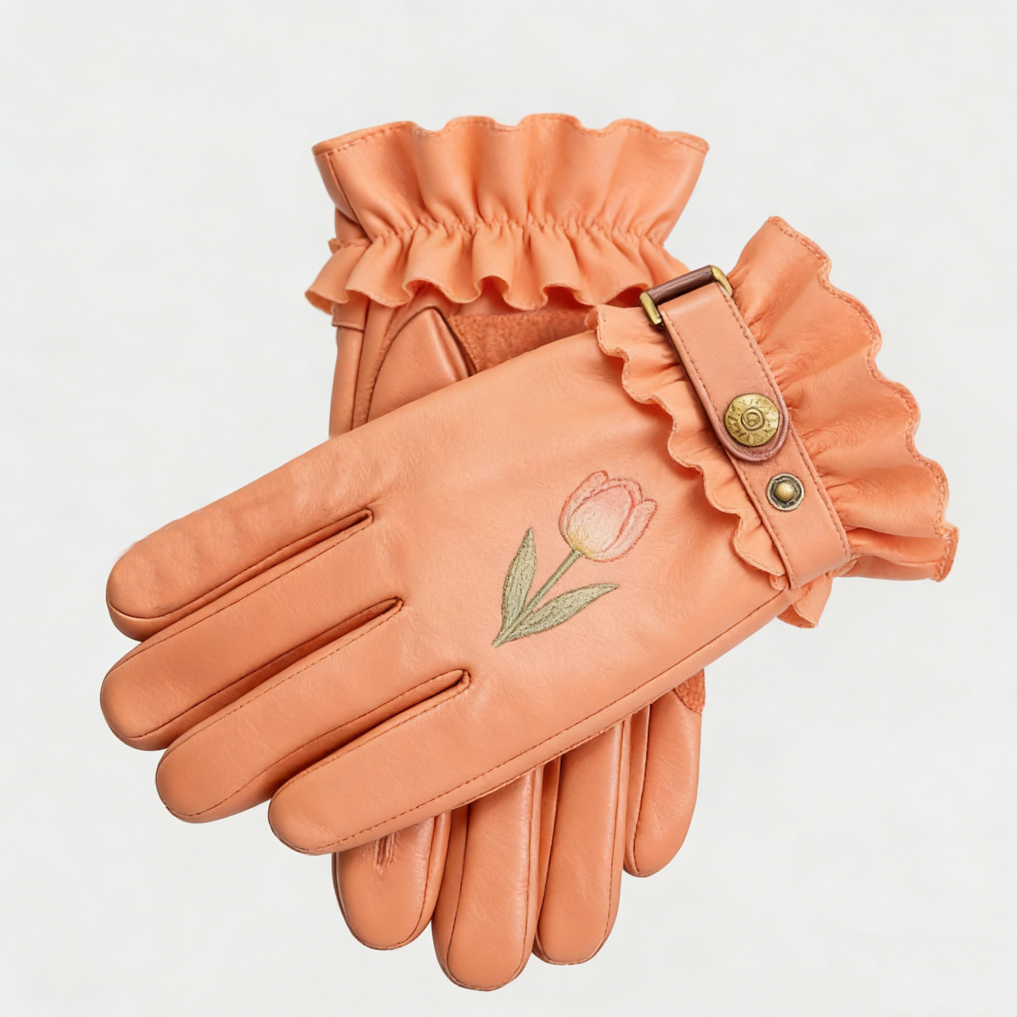 Peach Tulip Embroidered Leather Gloves