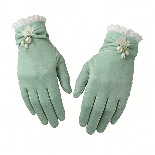 Mint Green Lily of the Valley Suede Gloves